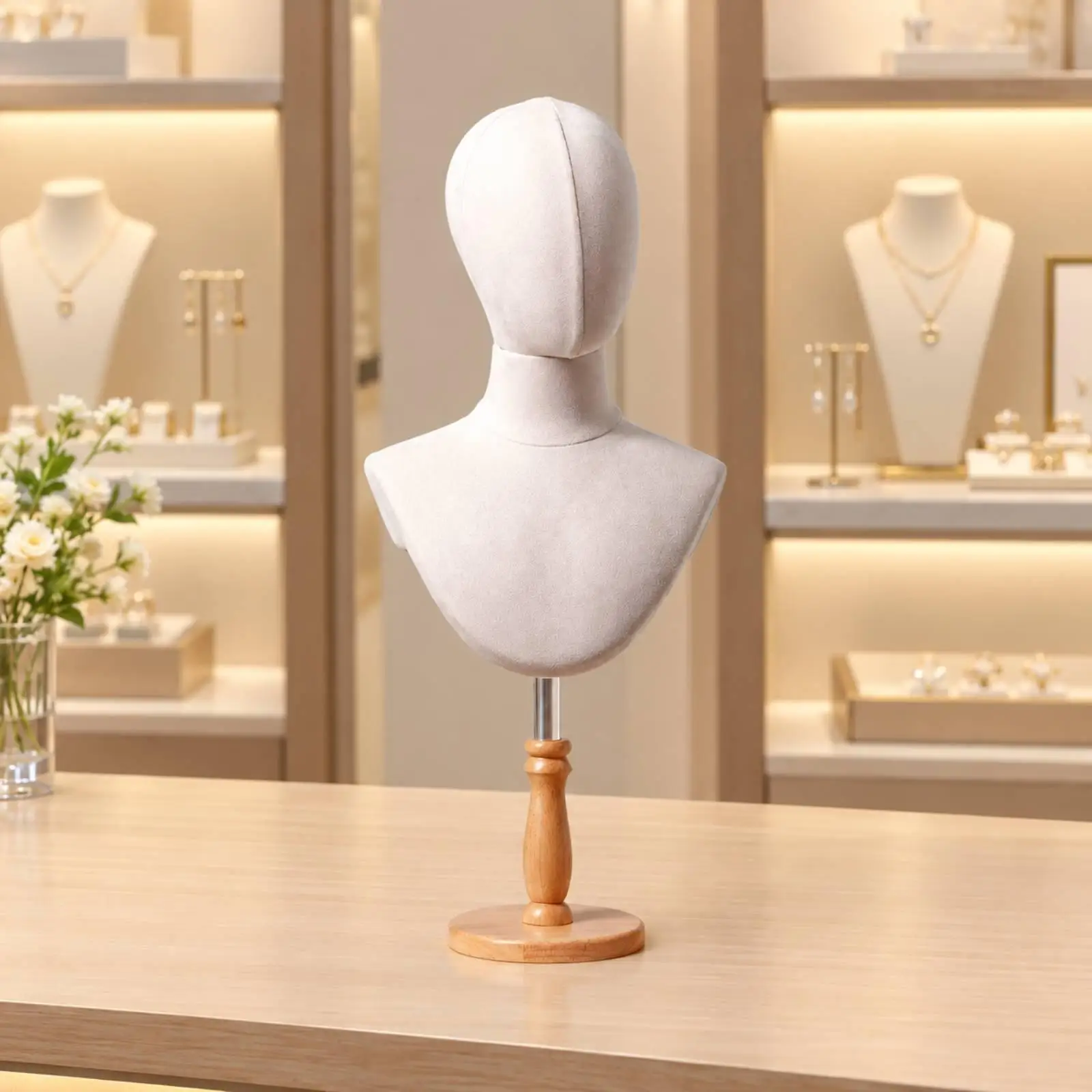 Jewelry Display Neck Form Bust Stand with Wooden Base Adjustable Height for Necklace Holder Counter Showcase
