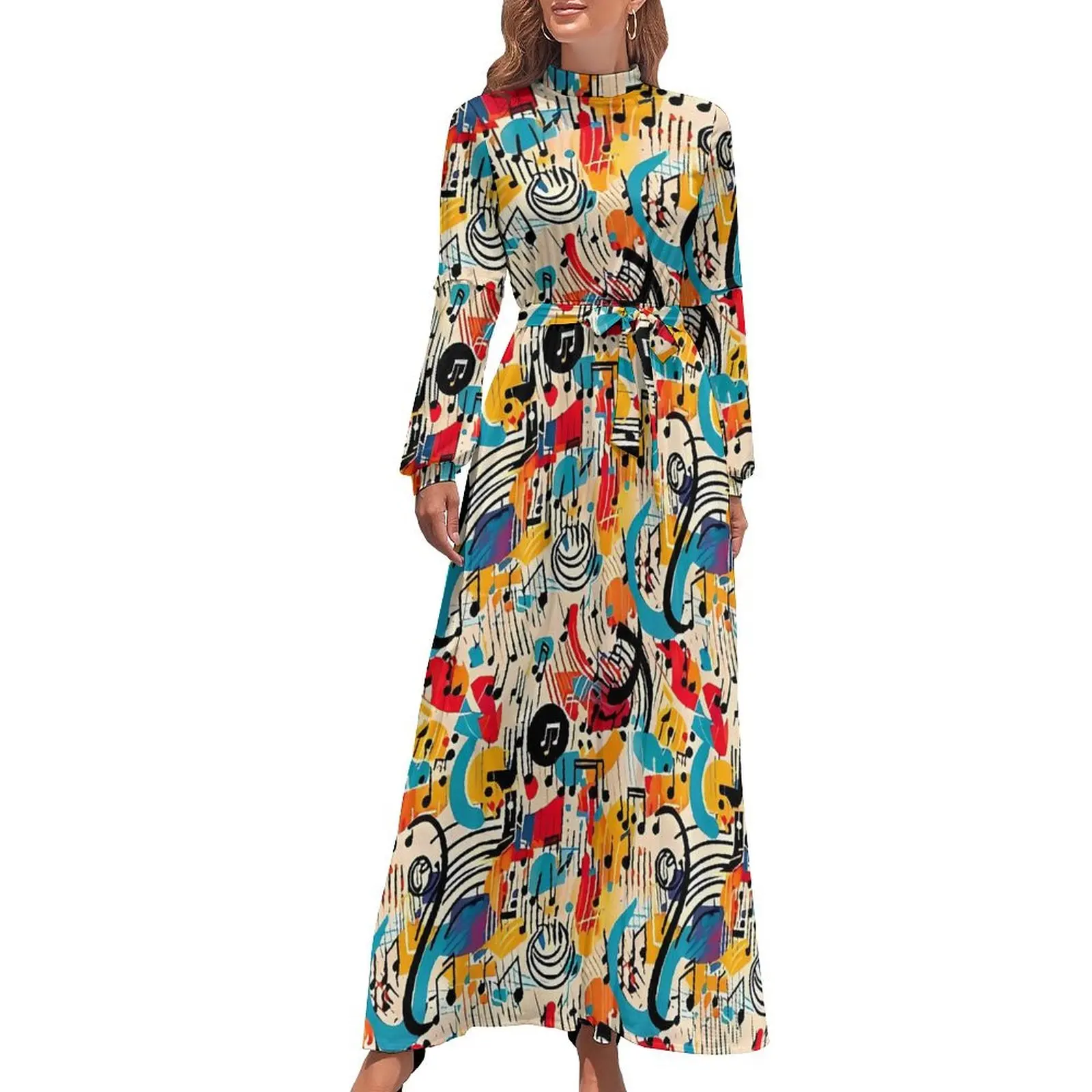 Modern Music Note Dress Long Sleeve Colorful Print Trendy Maxi Dress High Waist Street Fashion Custom Beach Long Dresses Gift