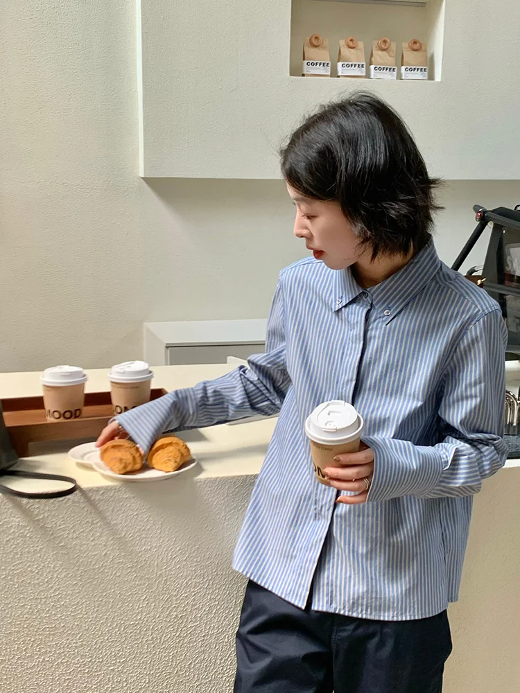 

Pure Cotton Loose Fit Long Sve irt Women's Blue White Stripes Bebe Fall New Sle Commute Sle Casual Fem Top