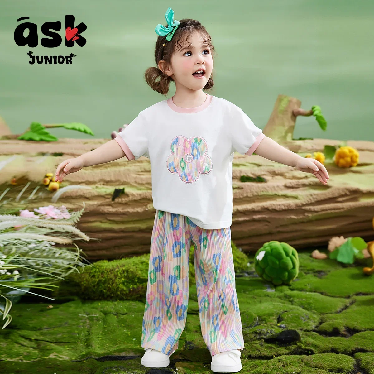 بدلة رياضية صيفية للفتيات للأطفال بأكمام قصيرة وطباعة رقمية رفيعة + بنطال واسع الساق مكون من قطعتين #5