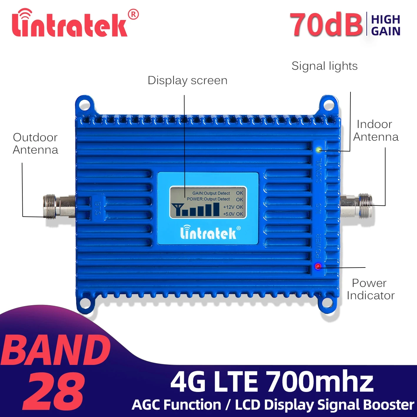 Lintratek Band 28 700MHz Internet Signal Booster B28 4G Cell Phone Repeater LTE AGC Network Mobile Telephone Cellular Amplifier