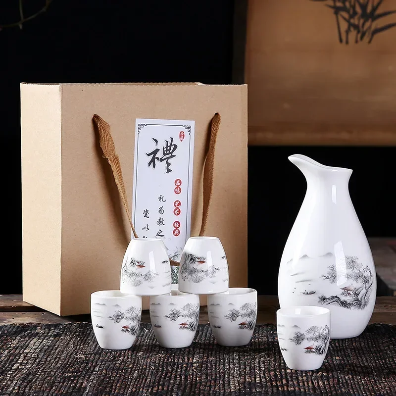 

Japanese Sake Set 7 Pieces Sake Set Hand Painted Design Porcelain Pottery Traditional Ceramic Cups Crafts Wine Glasses Gift Box