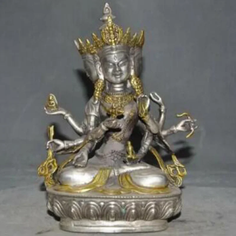 8-Inch Tibetan Silver Gold-Plated 3-Head 8-Arm Namgyalma Ushnishavijaya Buddha Statue