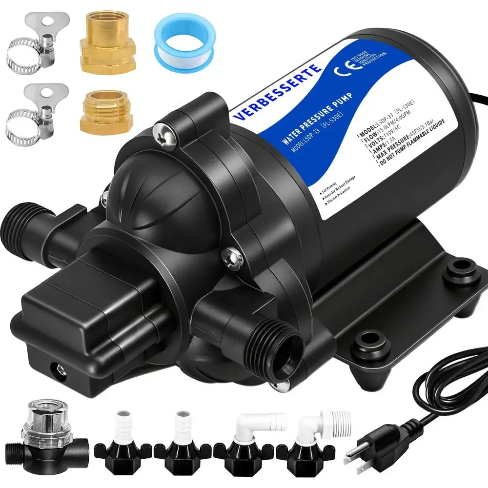 

110Volt AC Water Pressure Diaphragm Pump, 4.0GPM, 45PSI for RV, Garden Hose, Pool, Boat, Marine Wash Down, House, Kitchen, Yacht