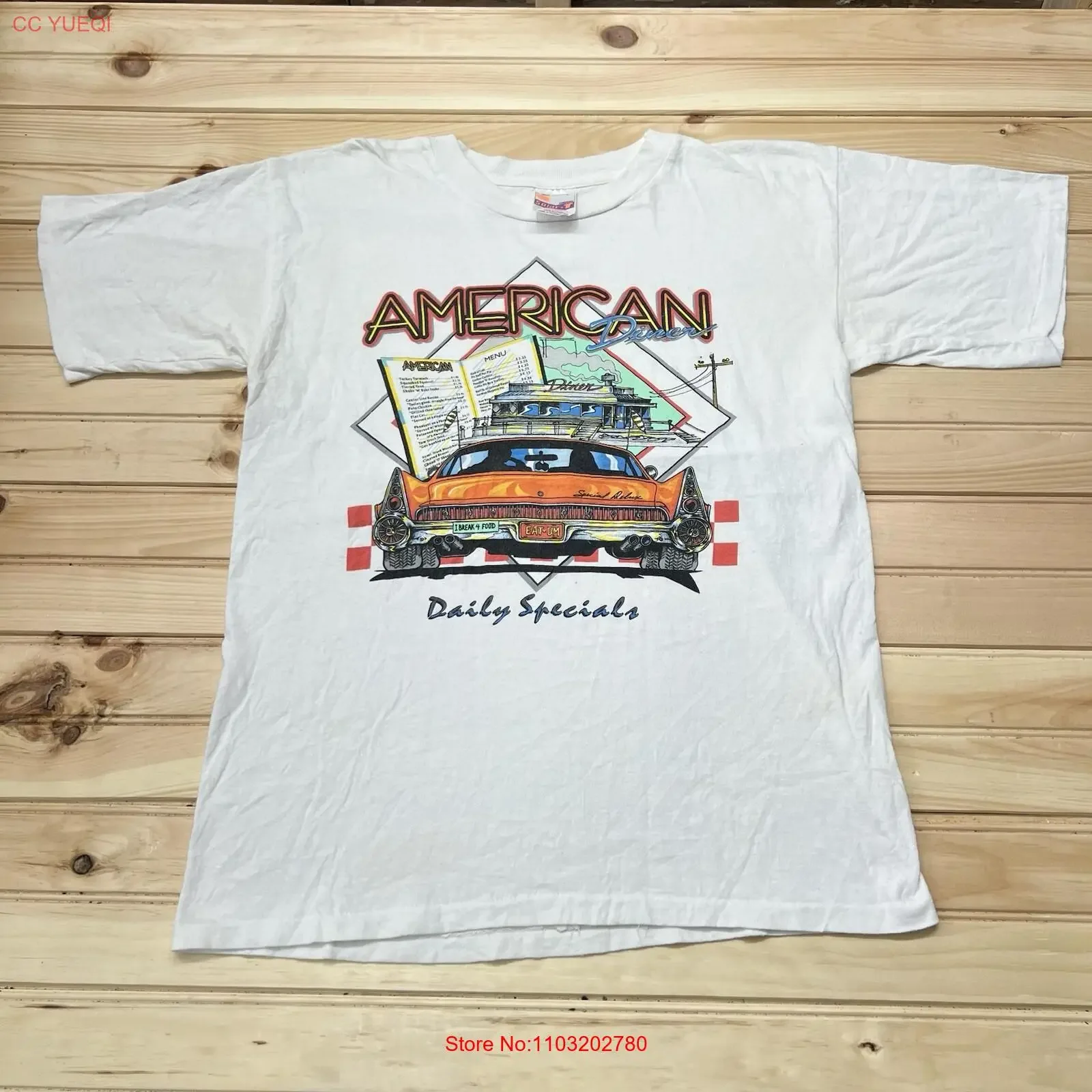 Винтаж 80-х 90-х годов American Dinner Hot Rod Special Deluxe Art Drive In футболка Размер L винтажная стираная уличная одежда Повседневная универсальная Винтаж 80-х 90-х годов American Dinner Hot Rod Special Deluxe Art Drive In футболка Размер L винтажная стираная уличная одежда Повседневная универсальная