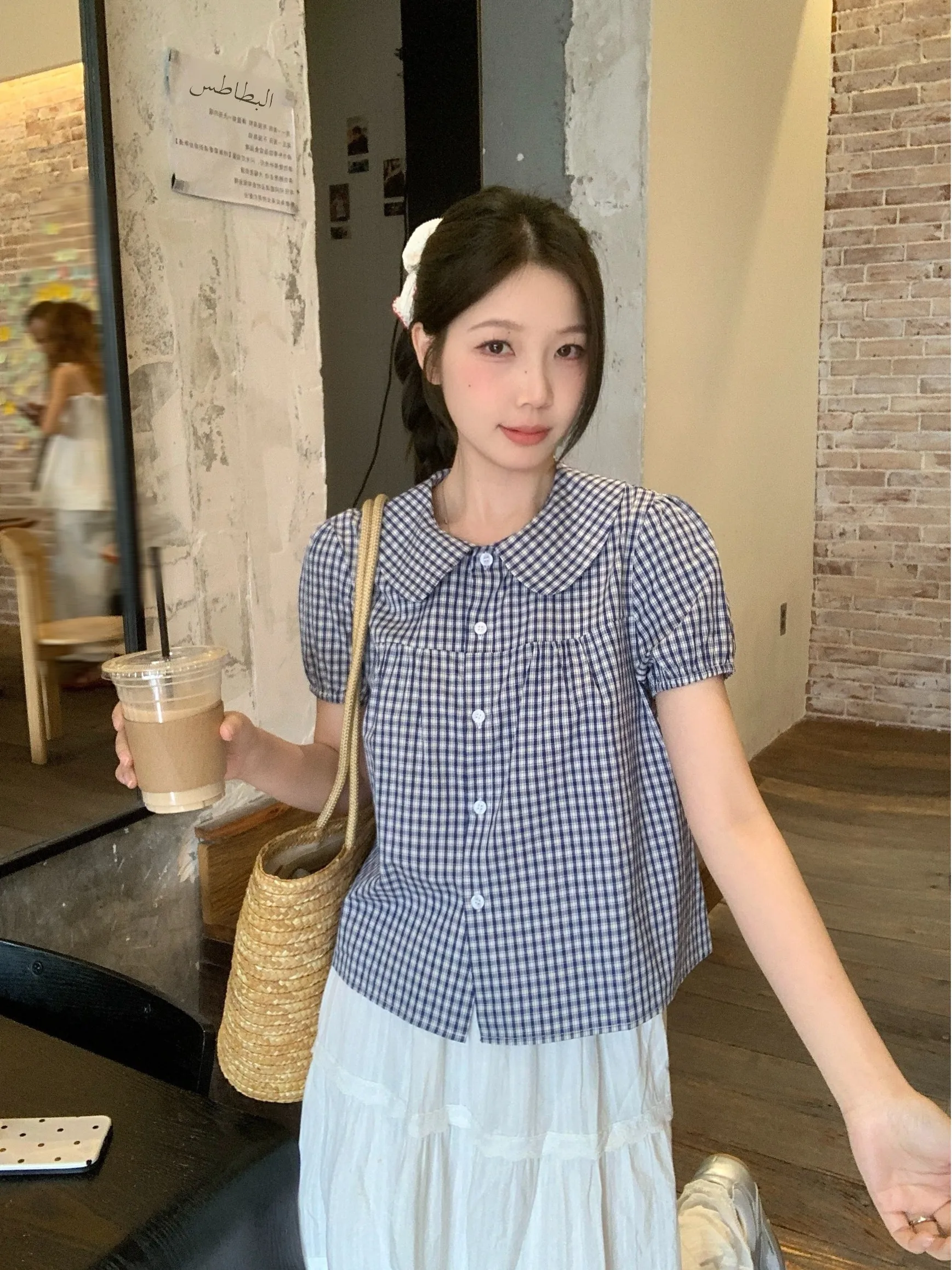 

plus Size Plaid Doll Collar ort Sve irt Women's Summer Casual High-End Feeling irt for Plump MM Slimming Top