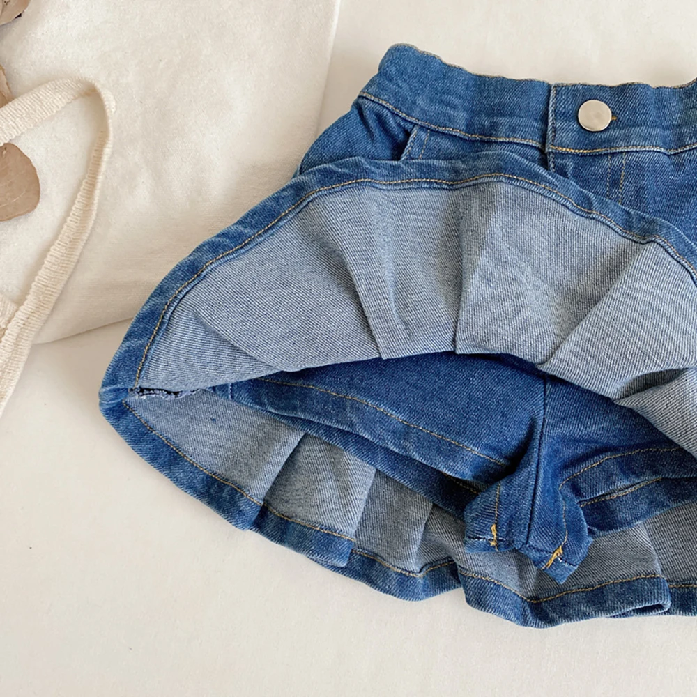 Summer Kids Girls Denim Pleated Skirt Pants 2023 New Korean Style Elastic Waist Blue Jean Skirts 1-8Years Old Infant Girl Skirt