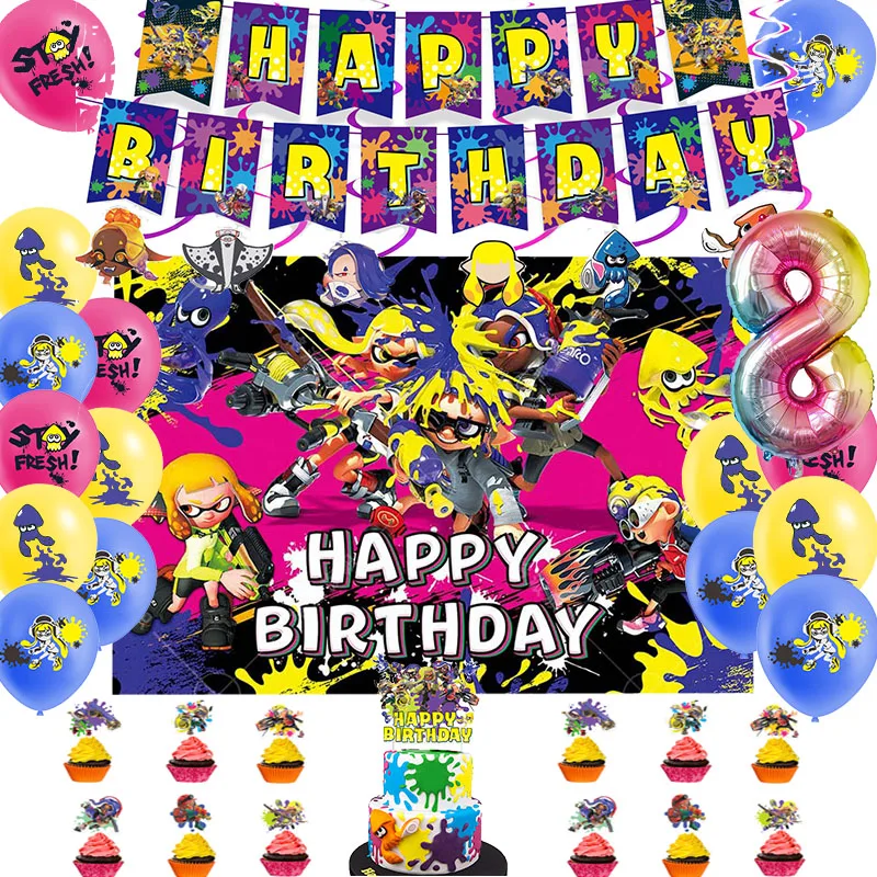 Shooting Game Splatooned Birthday Party Decoration Splatooned Balloon Banner Cake Topper Party Supplise Kids Toys