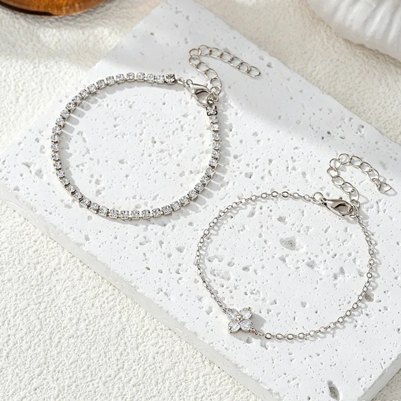 2er-Set Stapelbare Armbänder aus Edelstahl mit Kleeblatt-Design für Damen, Glänzendes Zirkonia-Tennisarmband-Set, Eleganter Schmuck – Detail 5