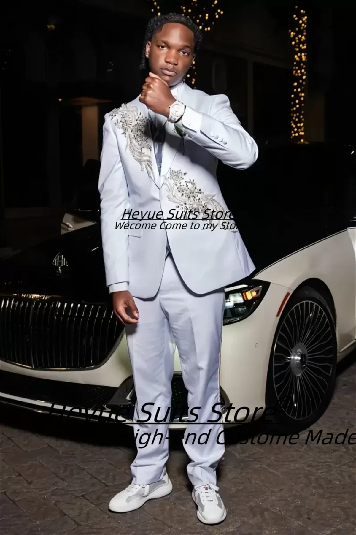 Fashion White Shawl Lapel One Button Beading Prom Men Suits Customized Slim Fit Peak Lapel Groom Weding Tuxedos 2 Pieces Sets