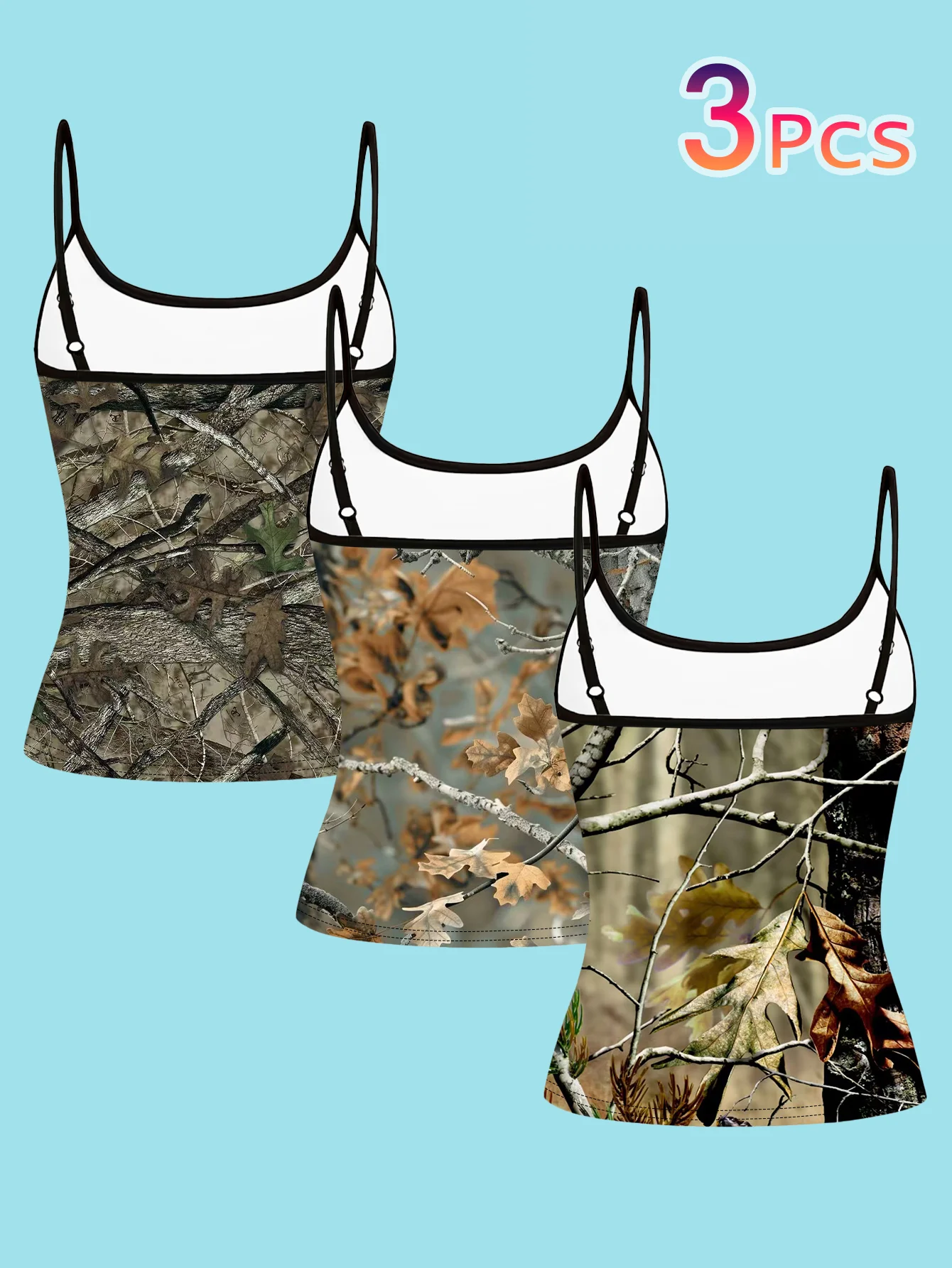 3-Pack Forest Branch Camouflage Print Camisole for Women, Outdoor Style Retro Leaf Slim-Fit Sleeveless Base Camisole