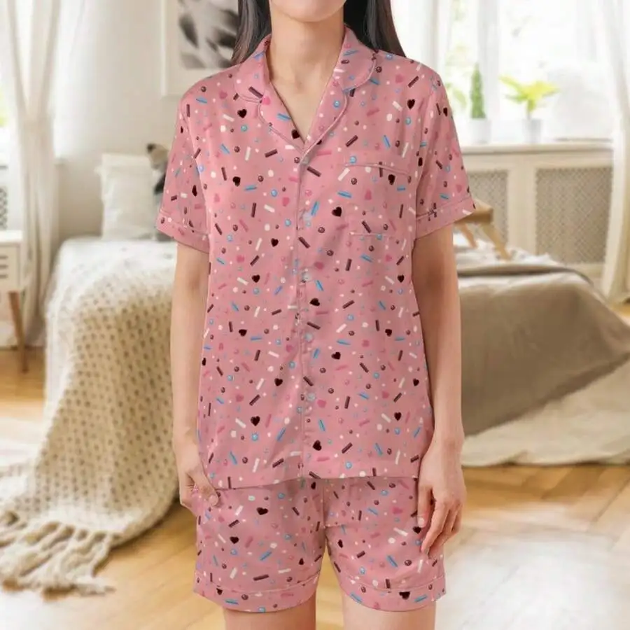 

Pink Sprinkles Print Short Sleeve Pajama Set For Women