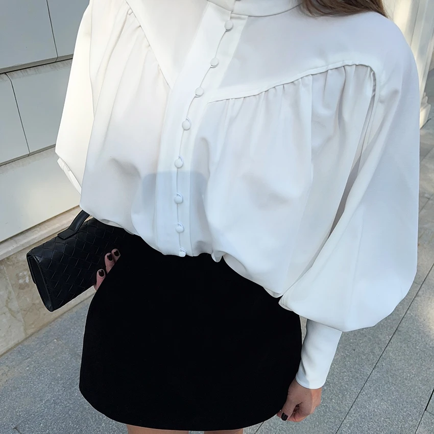Linad élégant lanterne manches chemises blanches femme bureau simple boutonnage femme Blouse décontracté solide col montant haut pour femme 2025