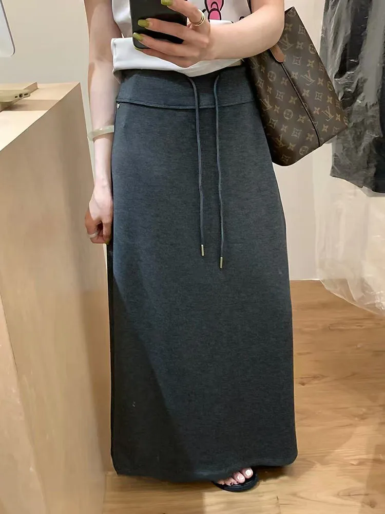 Autumn Split Midi Skirts Female Korean Elegant Office Lady Solid Skirts Y2K High Waist Drawstring All Match A Line Skirts