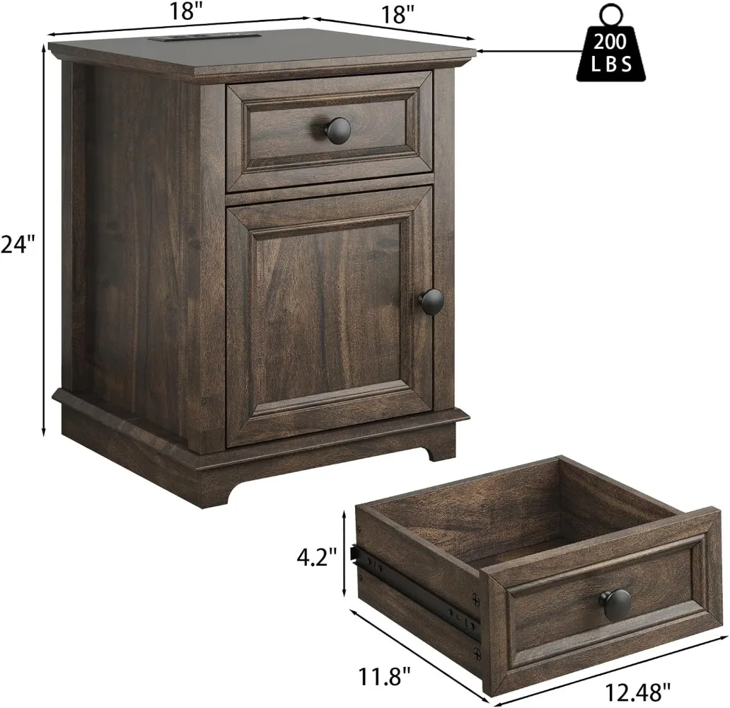 Tavolino da 24" con stazione di ricarica rapida, tavolino con cassetto, ripiano regolabile e ampio armadio portaoggetti, comodino vintage