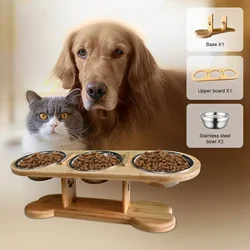 Protect Pet Cervical Spine 3 Stainless Steel Bowls Height Enhancing Dog Bowls Removable Durable Bamboo Feeder Dog Accessories