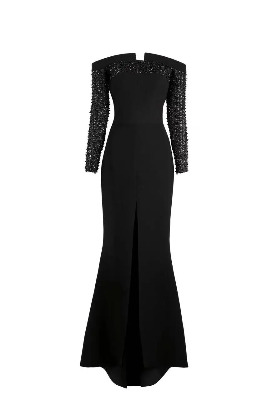 Luxurious Off The Shoulder Long Sleeves Black Sequins Beaed  فساتين السهرة vestidos de fiesta  فساتين سهره evening dresses