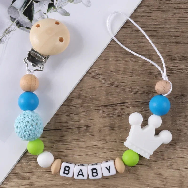 Personalisierte Name handgemachte Silikonperlen kaut Krankenschwester Geschenk Spielzeug Krone Zahnen Halskette Schnuller Clips mit Namen DIY BABY Custom