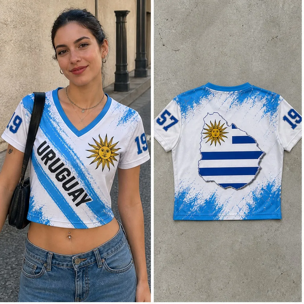 Womens Uruguay V Neck Crop Top Sun Map Brush Print Short Sleeve Summer Street Travel Casual Fashion Tee Modern Chic Outfit Style