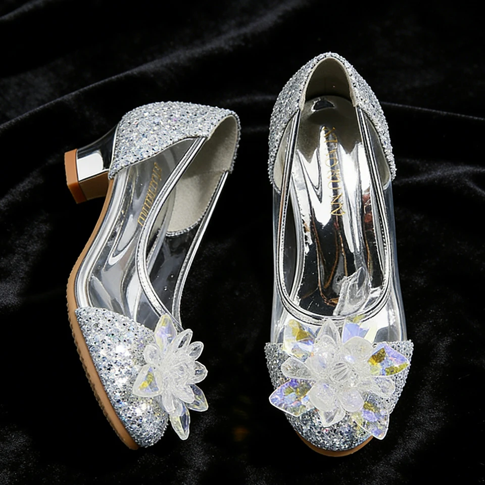 Shiny Kids Mary Jane Heels Fairy Princess Shoes for Girls Christmas Birthday Party Halloween Cosplay Children's Crystal Sandals