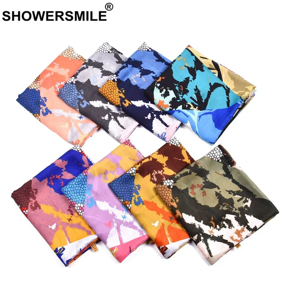 SHOWERSMILE Sciarpa da donna Verde militare in cotone e lino Stampa geometrica Scialle da donna Vacanza 2024 Nuova primavera Autunno Pashmina femminile