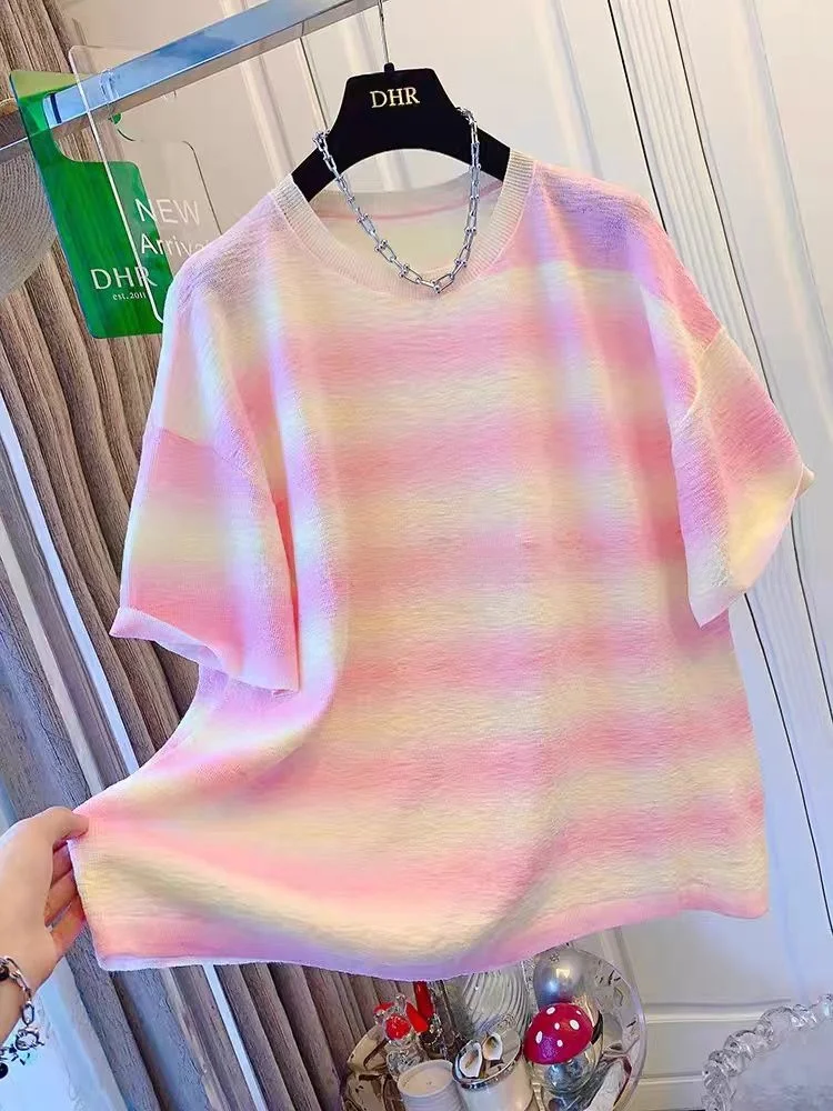 plus Size Women's Striped Short Sleeve T-Shirt Summer Loose Fit Sweet Cute Half Sleeve Shirt Color Block Top Breathable Thin