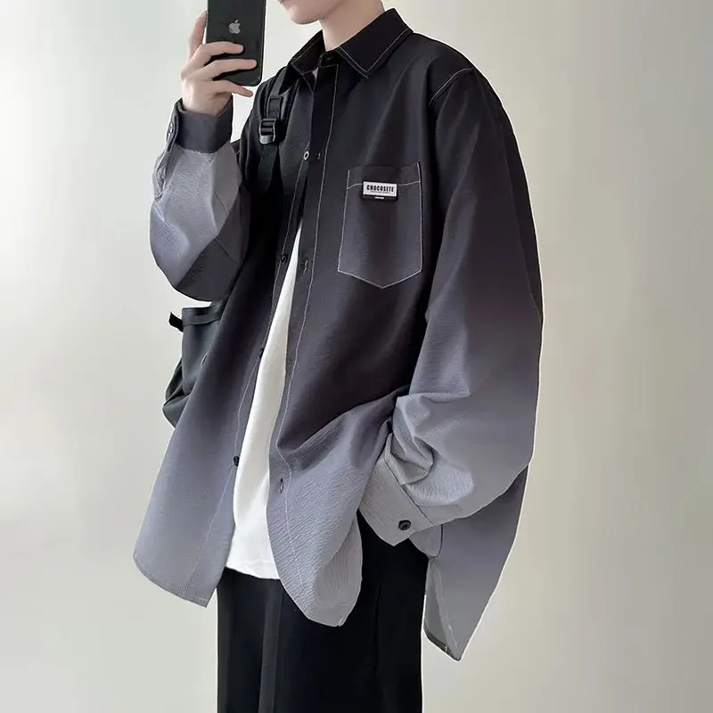 Men's Gradient Plicated Long Sleeve Loose Fitting  Shirt CleanFit Style PU Leather Other Material 3D Effect CleanFit Style