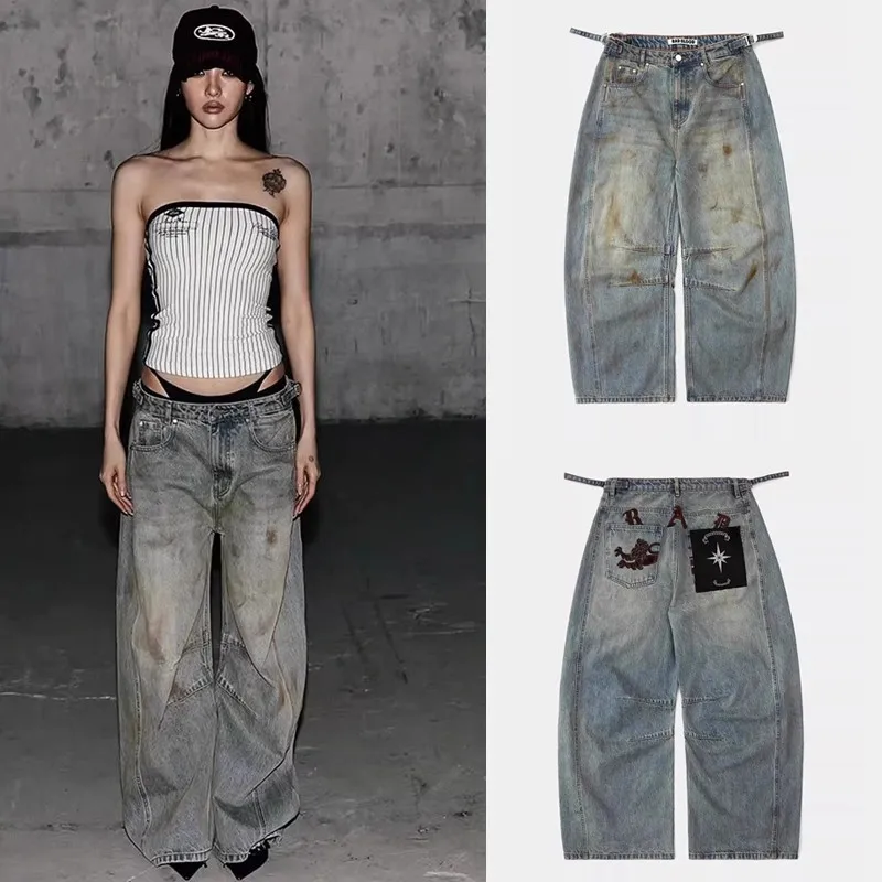 Badblood bcac series American retro distressed denim women's niche casual straight-leg pants
