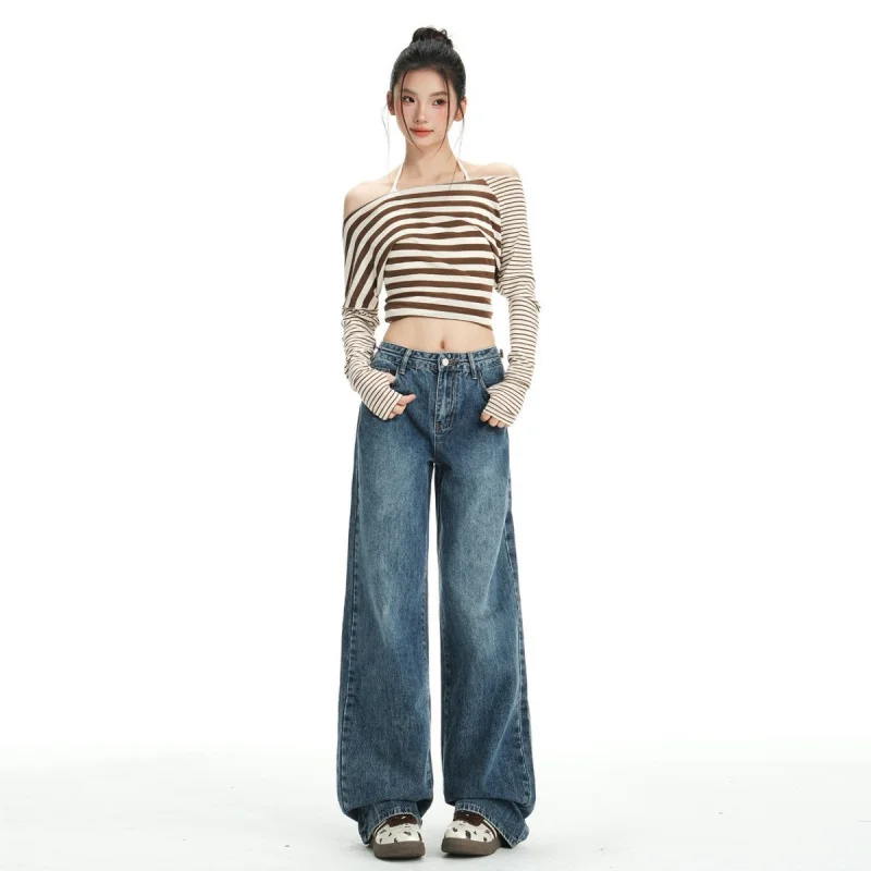 

American retro style loose straight-leg jeans for women with adjustable elastic waistband