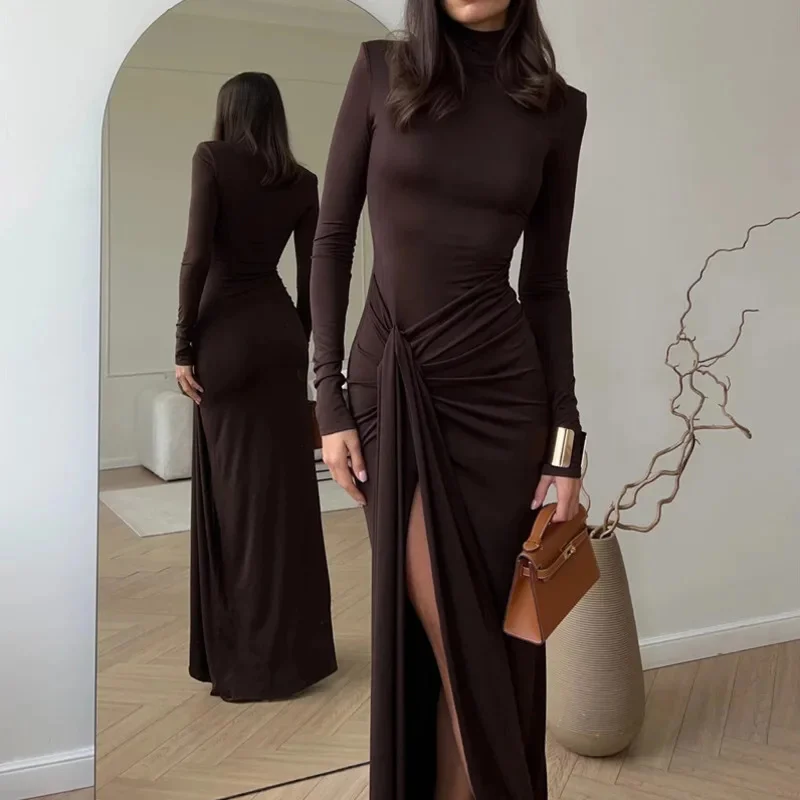 Turtleneck Thigh High Split Sexy Maxi Dress Women Fashion Long Sleeve Draped Bodycon Long Dresses New Female Party Club Vestidos