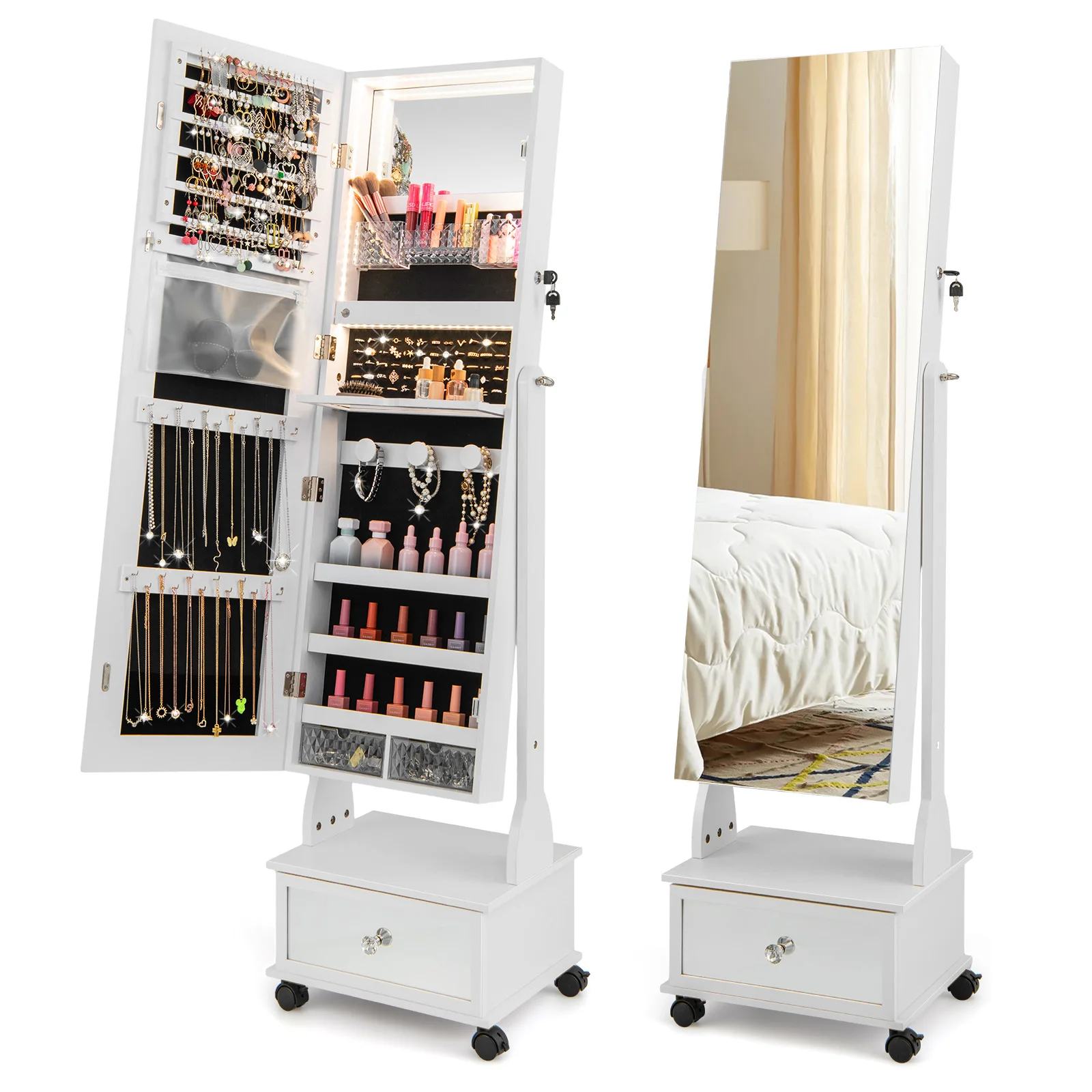 

Jewelry Cabinet Armoire Full-Length Mirror Lockable w/ 3-Color LED Lights White