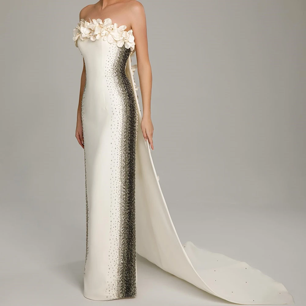 

Women's Straight Evening Dresses Floor-length Strapless Sleeveless Prom Gown Fashion Flowers Crystal Draped Customized Gowns