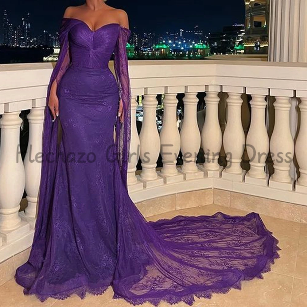 Flechazo Purple Lace Mermaid Evening Dress V-Neck Off the Shoulder Long Sleeves Backless Women Party Banquet Gowns Custom