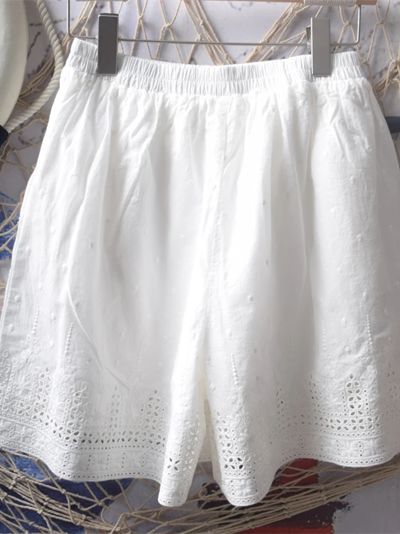 Ele Koreanische Sle bestickte reine Baumwolle samt gefüttert hohe Taille lose Passform weiße Ort Hosen Damen Faion Sommer tragen