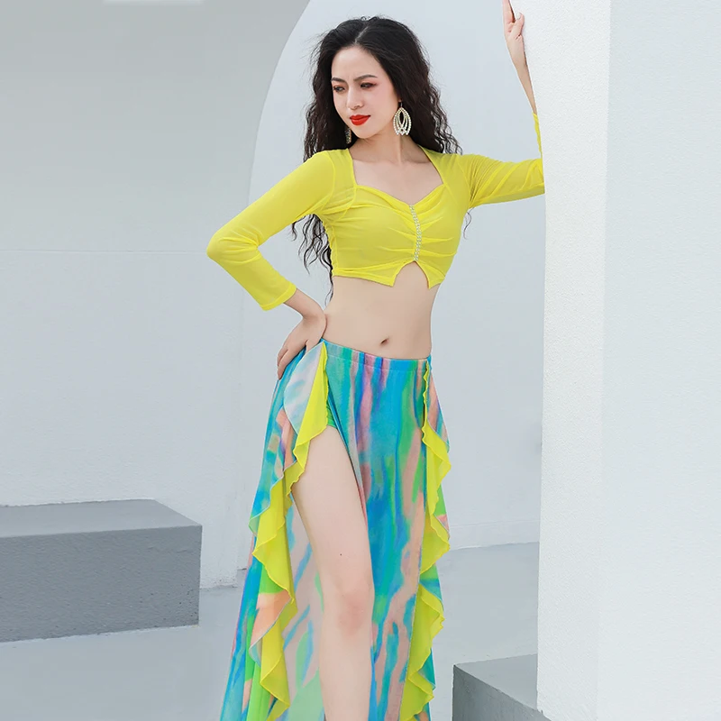 

Belly Dance Training Wear Women's Long Sleeve Top + Printed Slit Skirt 2 Pieces Women's Oriental Suit Belly Dance Suit