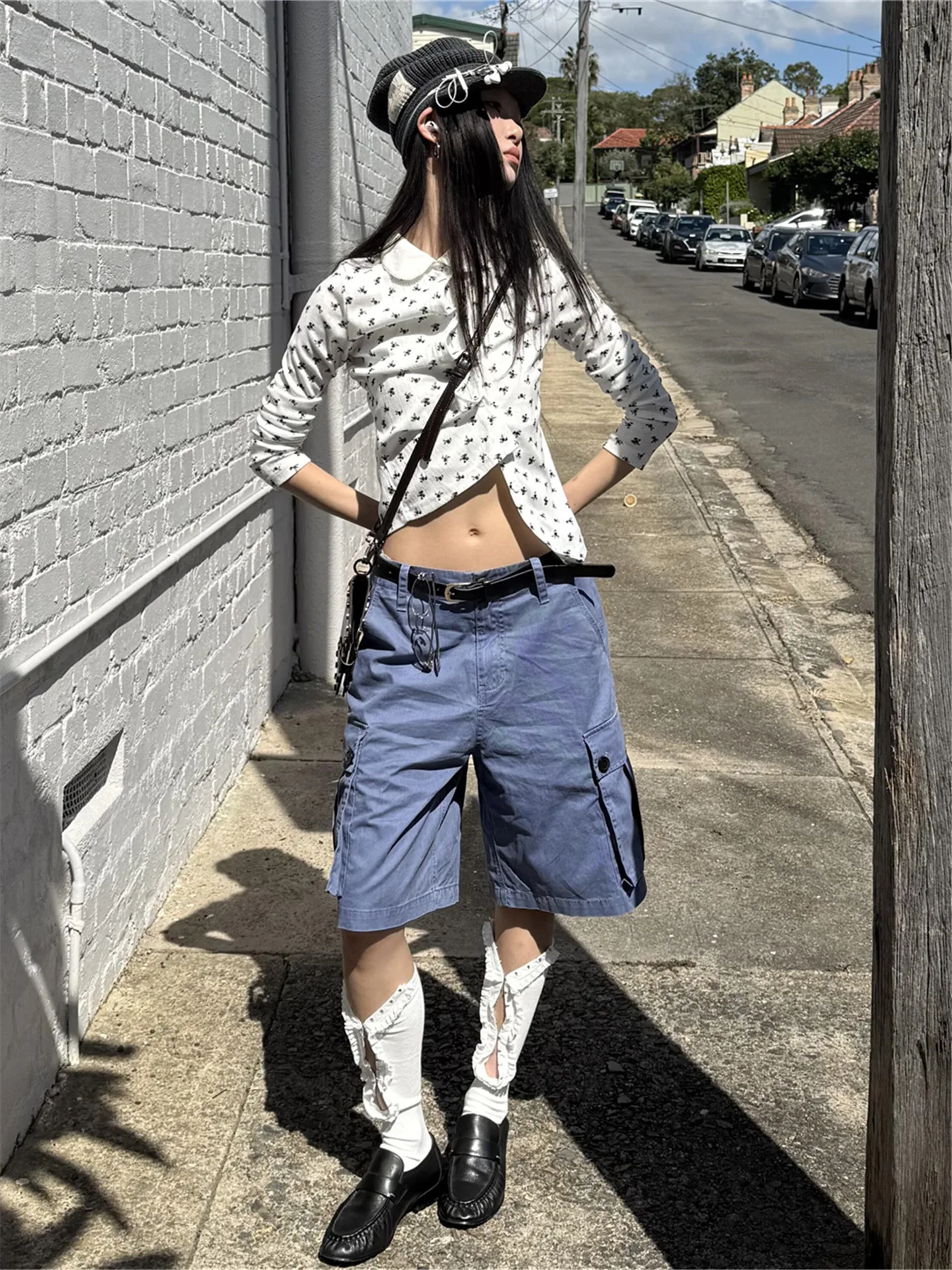 

American Street Style Loose Casual Work Pants Women Summer Slimming Multi-Pocket Design Sense Mid-Length Blue Jeans