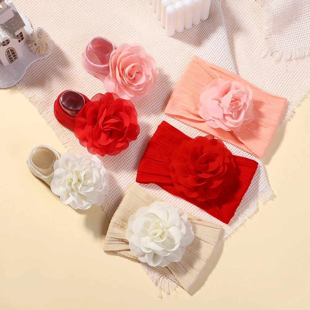 3pcs Cute Baby Socks+ Headbands Set Non Slip Cotton Sock Lace Flower Newborn Hair Band Turban Girl Casual Hair Accessories