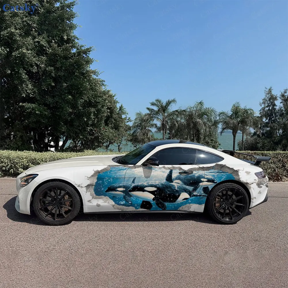 2pcs Orca Ice-Breaking Painting Durable, Fade-resistant, Enhance Vehicle Aesthetics With Bold Artistic Design Car Vinyl Wraps