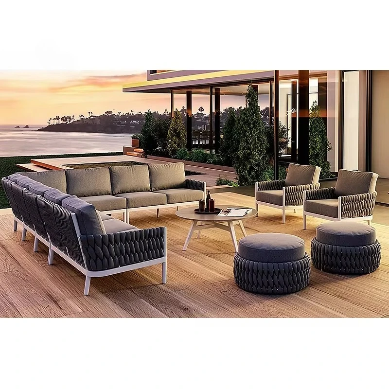 Woven Sofa Set Out Door Sectional Polyester Grey Patio Lounge Set Weave Outdoor Furniture Rope Garden Sofa Set