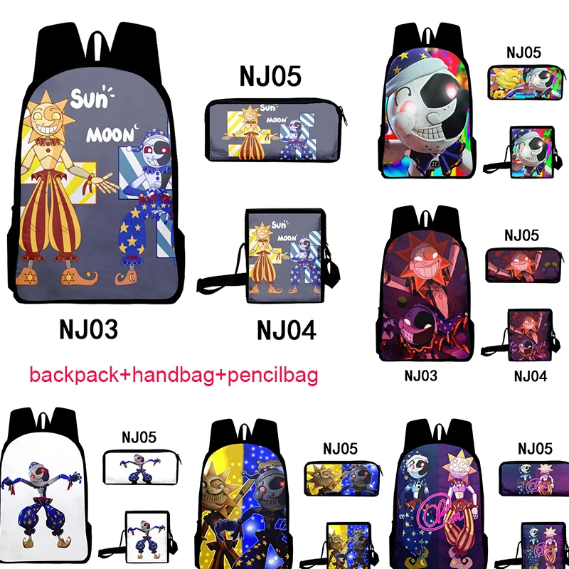 Classic Sundrop FNAF Moondrop 3D Print 3pcs/Set pupil School Bags Laptop Daypack Backpack Inclined shoulder bag Pencil Case