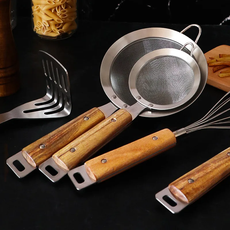 Wooden Handle Kitchen Gadgets Masher Paring Knife Egg Beater Bottle Opener Stainless Steel Oil Compartment Kitchen Accessories