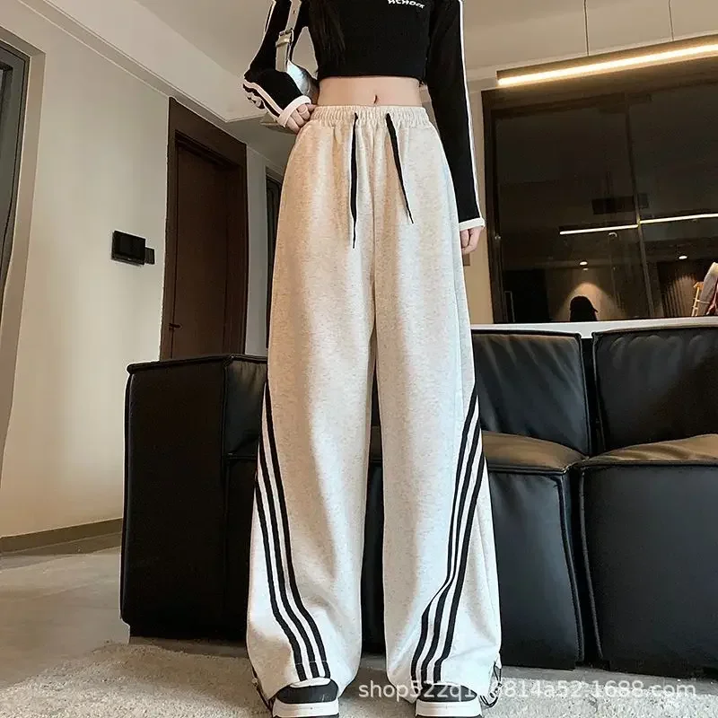 

Pop Retro Trendy Three-Bar Women's Casual Wide Leg Pants Autumn Winter New Style Pear Shape Meat Concealing Loose Straight Leg