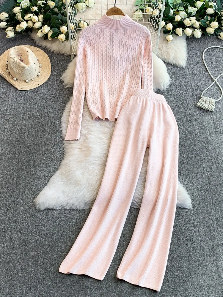 Ensemble deux pièces décontracté pour femmes, automne et hiver, doux et chic, fermeture éclair, tricot, col montant, manteau, taille haute, pantalon à jambes larges