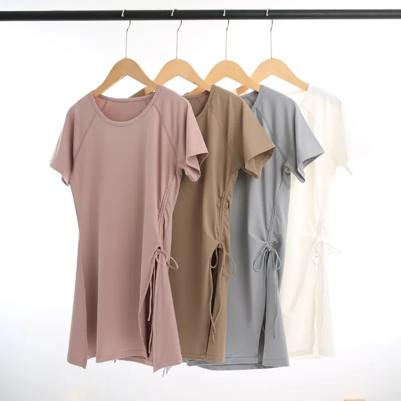 

Women's Spor Qui Dry Running Yoga T-irt ort Sve Slimming Fitn Wear Midi Length Butt Covering Yoga Outfit