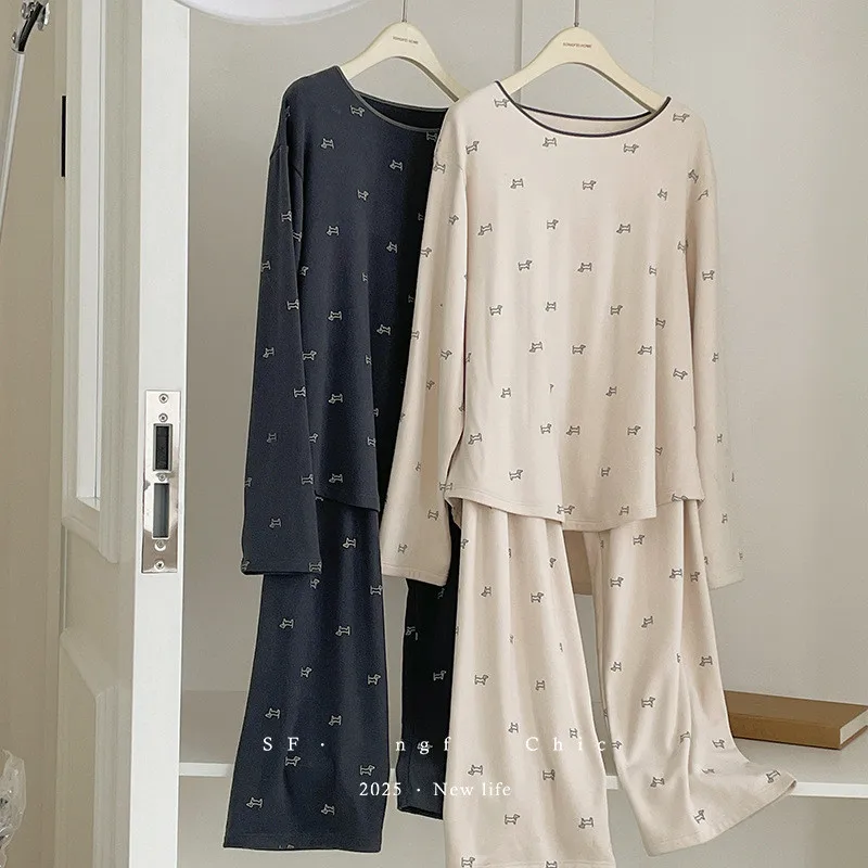 

New Korean Women's Pajamas Set Lounge Printed Autumn Winter Warm Sleepwear Thin Velvet Bottom Wear Pyjamas Femme Home Wear Suit