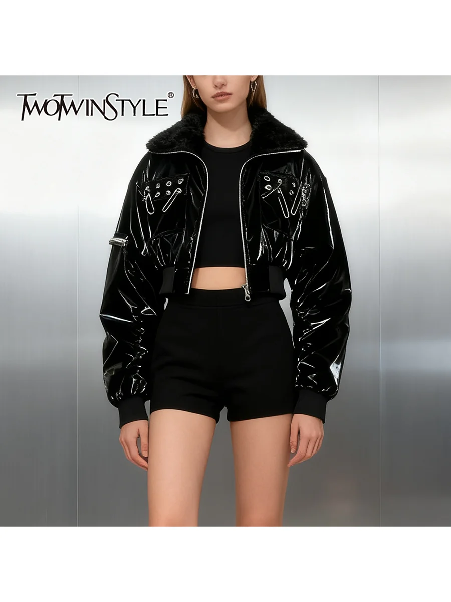 

TWOTWINSTYLE Solid Spliced Paper Clip Fashion Short Jackets for Women Fur Collar Patchwork Zipper Leather Jacket Female Clothing