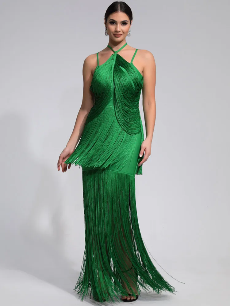Women Celebrity Luxury Sexy Sleeveless Tassel Green Maxi Long Bandage Dress  2024 Knitted Elegant Evening Club Party Outfit - AliExpress 200000345