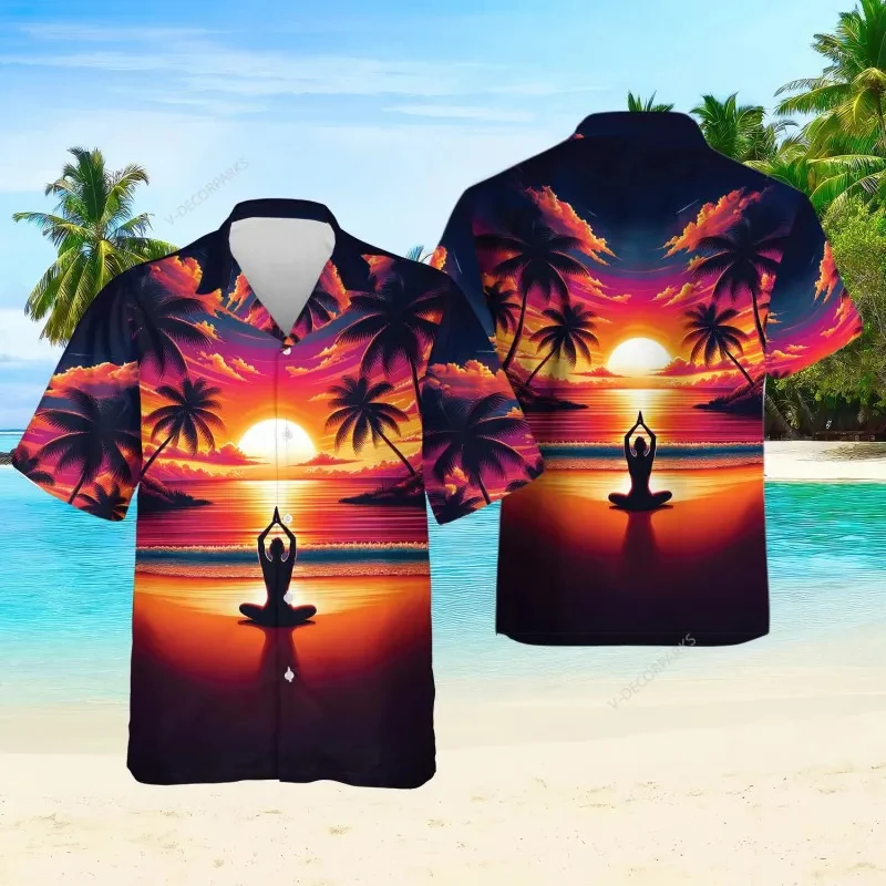 2024 Summer Men's Yoga Meditation Shirt Hawaii Beach Loose Breathable Shirts Men's Summer Daily Street Fashion Tees Tops Lapel