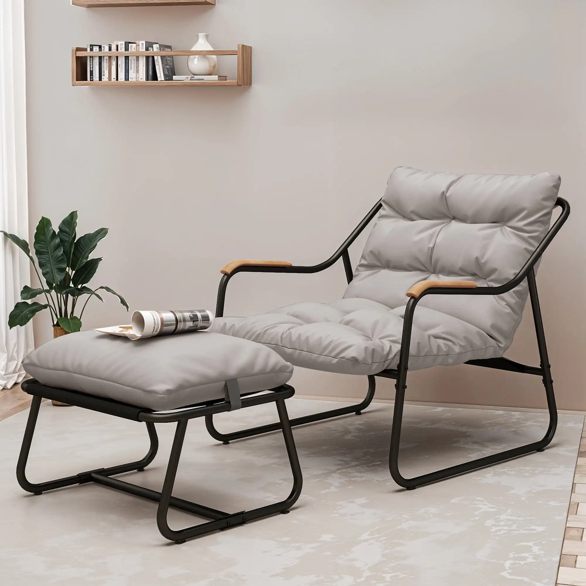 

Patio Outdoor Lounge Chair with Ottoman, Comfy Sling Recliner Set, Textilene Papasan Chair with Puffy Cushion, Dark Gray