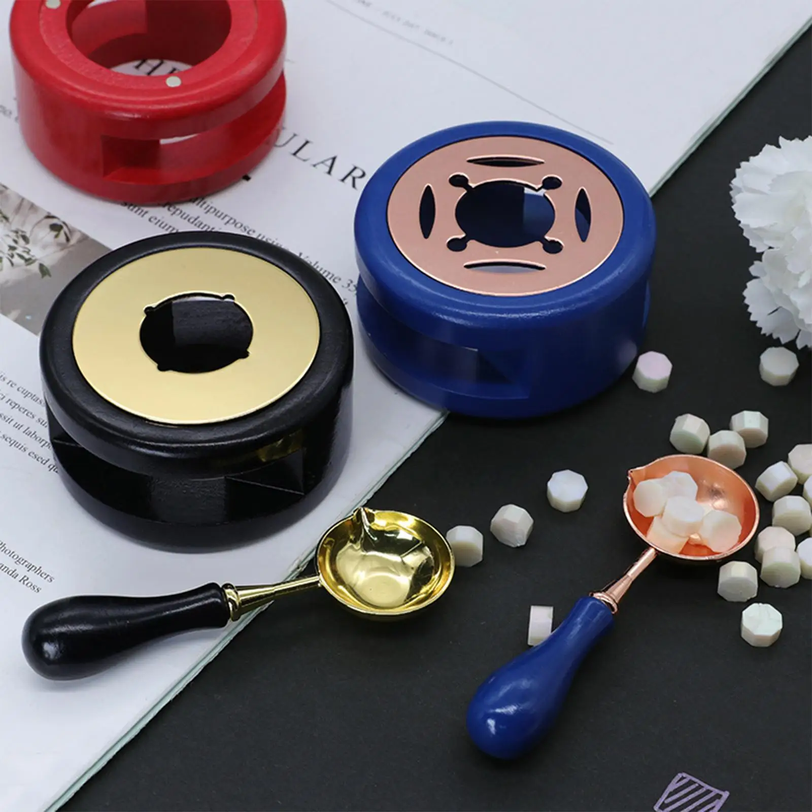 Wax Seal Melter Copper Wood Furnace and Wax Spoon Holder for Letter Stamp Envelopes Packaging